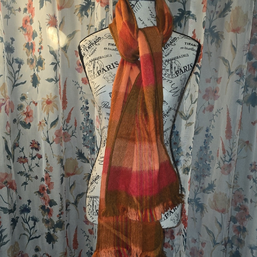Women's Multicolor Plaid Fringe Scarf - Orange & Pink